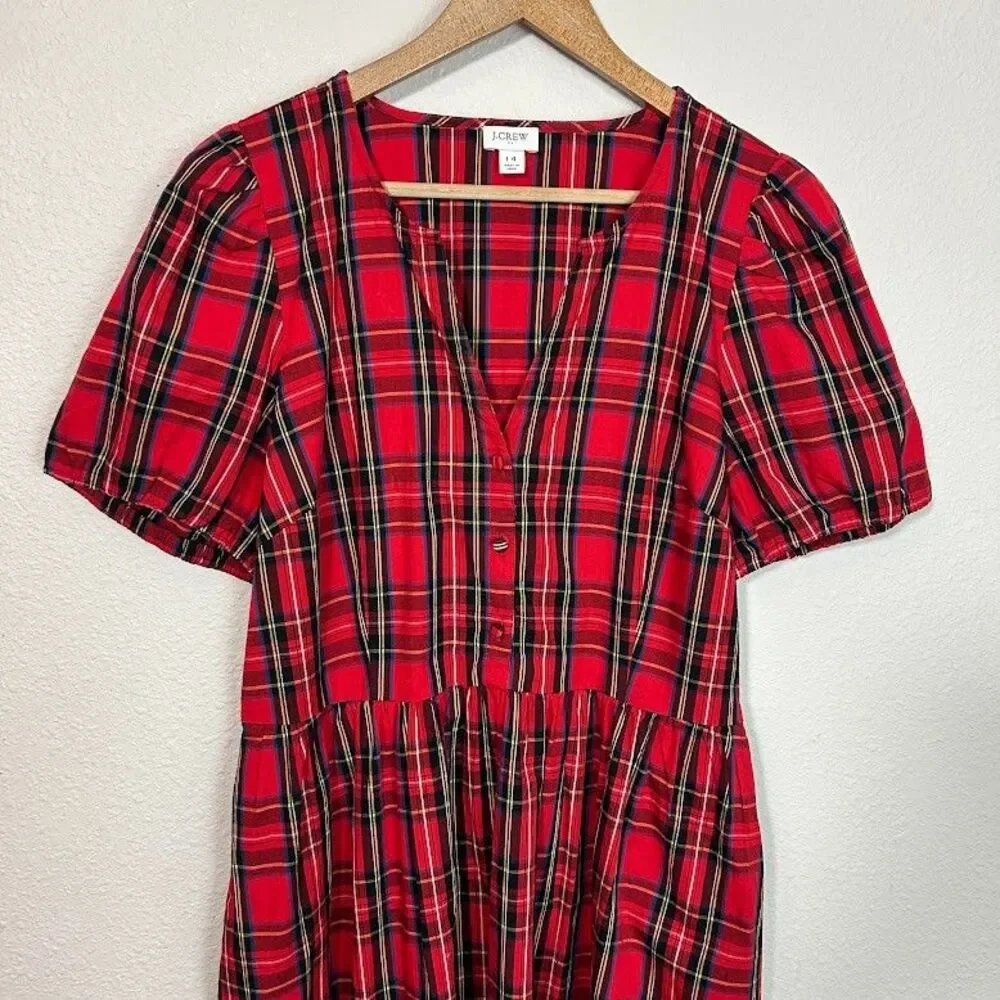 J. Crew Stewart Tartan Plaid Midi Dress 14 Red Puff Sleeve Cotton Blend Holiday